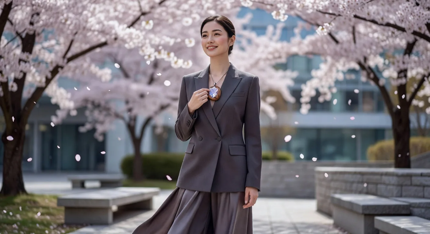 クリスタルアイアンウッドネックレスをつけた現代女性